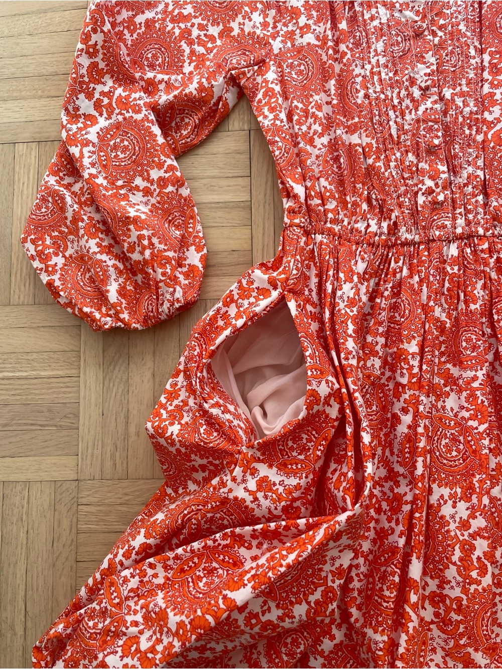 J. Crew Coral and White Printed Dress with long puff sleeves, lined. Size XXS - Picture 3 of 5